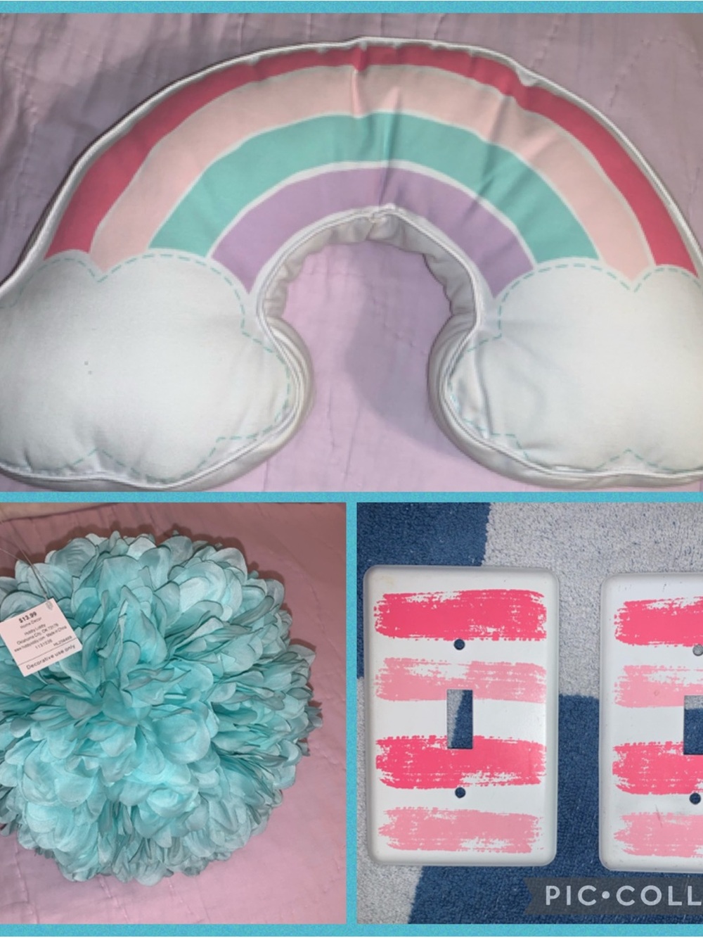 Hobby Lobby Pastel Rainbow Pillow, Mum ball and light switch covers